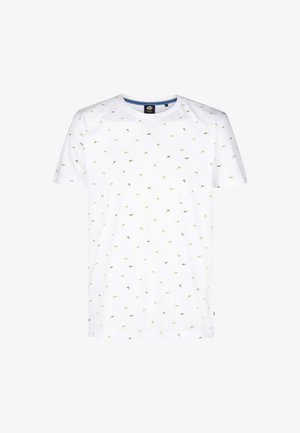 Bílý bavlněný tričko s rozptýleným vzorem malých žlutých a černých ryb. Klasický design s krátkým rukávem a kulatým výstřihem.