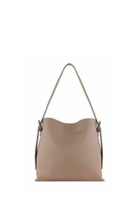 Tan leren schoudertas met een afgeronde bovenkant, zachte textuur, verstelbare riem en minimale hardware. Gladde, niet-belangrijke oppervlakte.