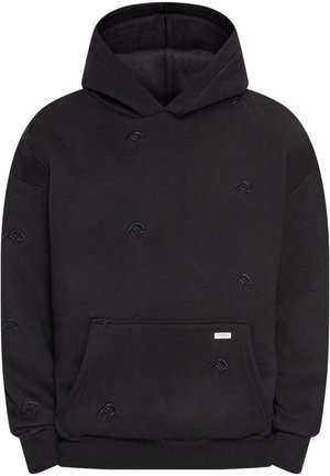 Black hoodie made of cotton blend, featuring a front pouch pocket, embroidered detailing, and ribbed cuffs and hem for fit.