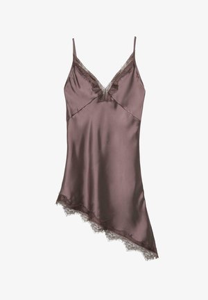 Hnědé saténové šaty s tenkými nastavitelnými ramínky, s výstřihem do V, jemnou krajkou podél výstřihu a lemu a asymetrickým střihem.