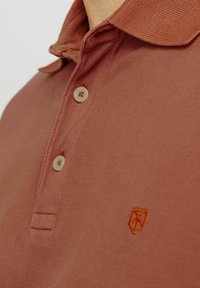 Rudas polo marškinėliai su tekstūruotu audiniu, dviem smėlio spalvos mygtukais ir maža oranžine logotipu ant krūtinės. Savybės - klasikinio apykaklės dizainas.