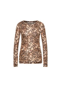 Langärmliges Damenoberteil mit braunem und schwarzem Leopardenmuster auf einem hellbeigen Hintergrund, runder Ausschnitt und schlanker Schnitt.