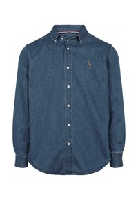 Jeansowa koszula z długim rękawem w ciemnoniebieskim kolorze z kołnierzykiem zapinanym na guziki, z małym haftowanym logo na lewym kieszeniu i białymi guzikami.
