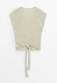 Beige knitted top with short cap sleeves, a rounded neckline, and a tie detail at the waist. Soft texture with a subtle pattern.