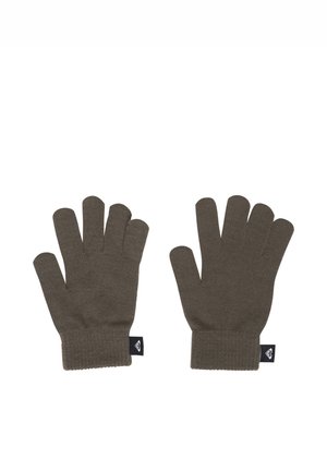Pair of brown knitted gloves with a small black fabric tag featuring a white logo on the wrist cuff of each glove.