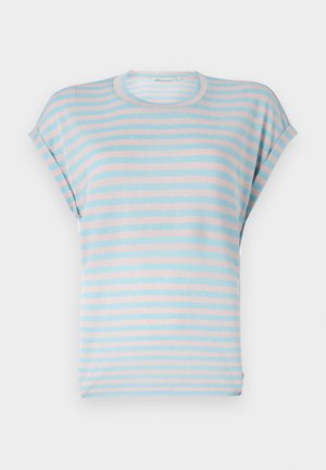 Stribet t-shirt med kort ærme i lys blå og pastel pink, med en afslappet pasform og blødt stof, rund halsudskæring og opsmøgede ærmer.