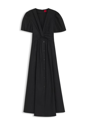 Μαύρο midi φόρεμα με κοντά φουσκωτά μανίκια, βαθύ ντεκολτέ σε σχήμα V, κούμπωμα με κουμπιά μπροστά και λεπτομέρεια με σούρες στη μέση.