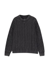 Pull en maille épaisse gris foncé, avec des motifs en torsades, col rond, poignets et ourlet côtelés. Design texturé et confortable.