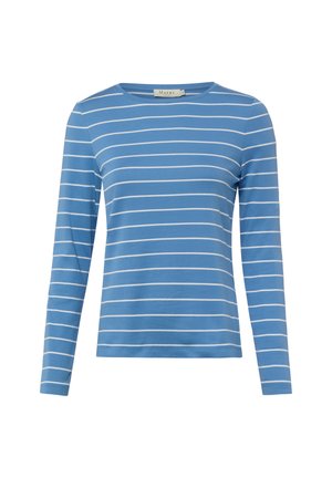 Blue long-sleeve shirt with white horizontal stripes and a round neckline, displayed on a white background.