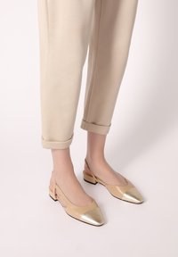 Beige páskové boty s špičatou špičkou, s metalickým zlatým krytím a nízkým podpatkem, spárované s ohrnutými béžovými kalhotami.