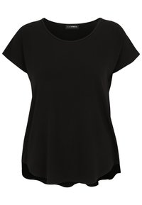 Black short-sleeve top with a rounded neckline, made of soft fabric. Features a slightly curved hem for a relaxed fit.