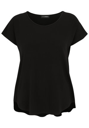 Black short-sleeve top with a rounded neckline, made of soft fabric. Features a slightly curved hem for a relaxed fit.