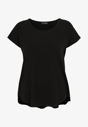 Black short-sleeve top with a rounded neckline, made of soft fabric. Features a slightly curved hem for a relaxed fit.