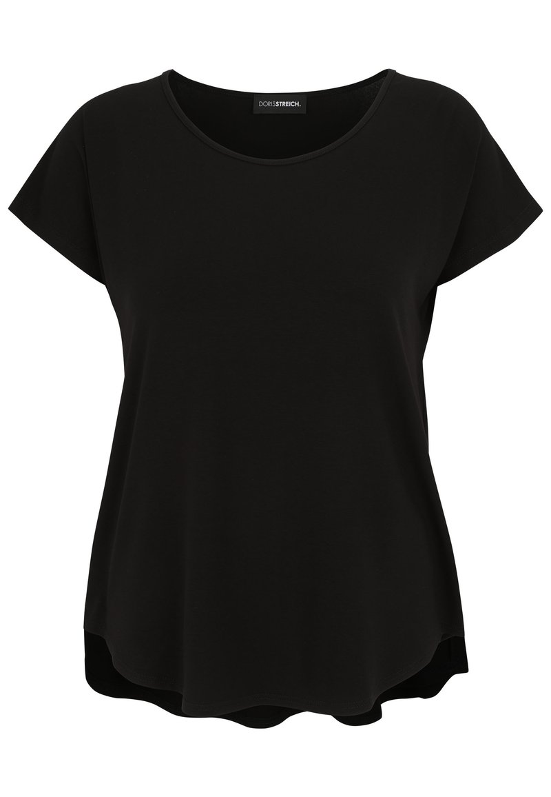 Black short-sleeve top with a rounded neckline, made of soft fabric. Features a slightly curved hem for a relaxed fit.
