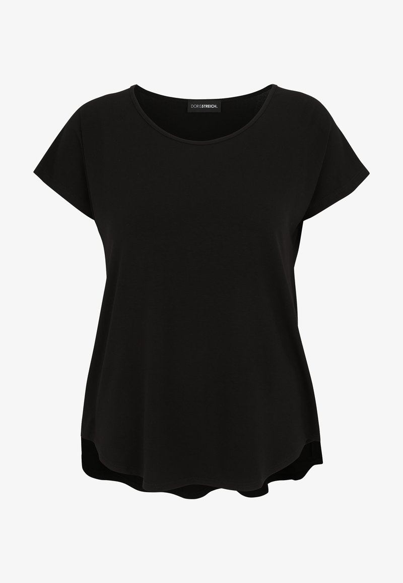 Black short-sleeve top with a rounded neckline, made of soft fabric. Features a slightly curved hem for a relaxed fit.