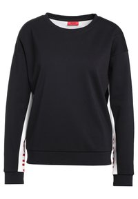 Czarna bluza w luźnym kroju, z białymi panelami bocznymi i czerwonym napisem. Wykonana z miękkiego materiału, z okrągłym dekoltem i długimi rękawami.
