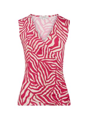 Pink sleeveless top with a zebra stripe pattern in white; features a wrap design and soft, smooth texture.
