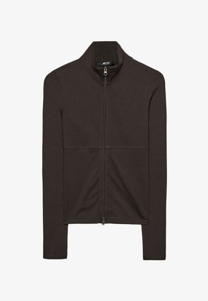 Mørkebrun lynlåsjakke med høj krave, lange ærmer og glat, tekstureret stof. Minimalistisk design uden synlige metaldele.