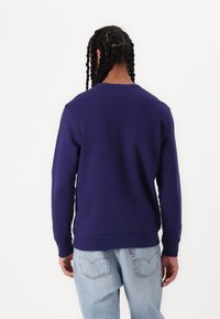Purple sweatshirt with a crew neck and long sleeves, featuring a ribbed hem. Paired with light blue jeans, showing a relaxed fit.