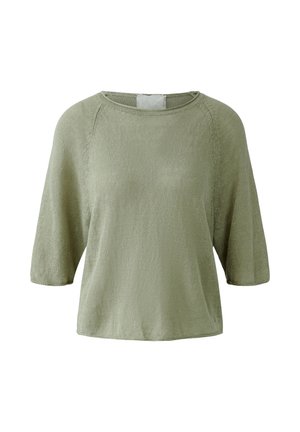 Loszittende, lichtgroene gebreide trui met ellebooglange mouwen en een ronde hals.