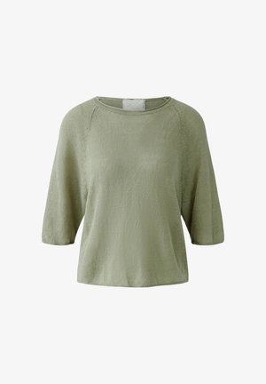 Loszittende, lichtgroene gebreide trui met ellebooglange mouwen en een ronde hals.