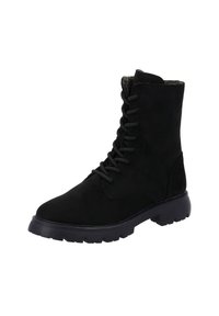Stivaletti neri in suede con silhouette dritta, punta rotonda, suola in gomma e chiusura con lacci. Fodera interna morbida visibile nella parte superiore.