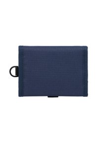 Navy blue wallet, made from textured fabric, with a reinforced edge, a clasp closure, and a metal ring on the side for attachments.