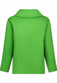 Haut vert à manches longues avec un col pointu. Texture lisse et forme carrée. Design simple sans motifs visibles ni matériel.