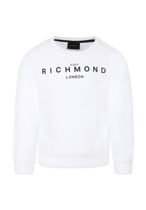 Felpa bianca con polsini e orlo a coste; presenta la scritta nera "JOHN RICHMOND LONDON" stampata sulla parte anteriore.