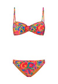 Večbarvni bikini set z cvetličnim vzorcem. zgornji del ima podrobnost z zaponko, medtem ko ima spodnji del klasičen kroj. Izdelan iz raztegljive tkanine.