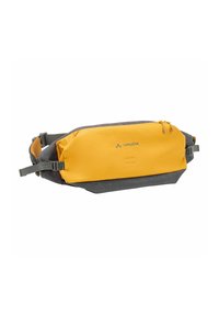 Marsupio giallo e grigio. Realizzato in tessuto resistente con una superficie morbida. Dotato di cinturini regolabili e una tasca con zip.