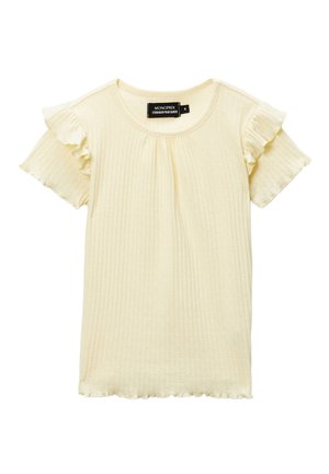 Haut en maille côtelée crème à manches courtes avec manches volantées et col rond, taille 6, étiquette de la marque Monoprix visible.