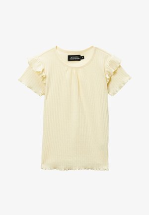 Haut en maille côtelée crème à manches courtes avec manches volantées et col rond, taille 6, étiquette de la marque Monoprix visible.