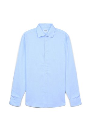 Camicia azzurro chiaro a maniche lunghe realizzata in tessuto morbido, con colletto classico, chiusura frontale con bottoni e una tasca singola sul lato sinistro.