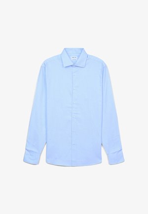 Light blue long-sleeve shirt made of smooth fabric with a classic collar, front button closure, and a single pocket on the left side.