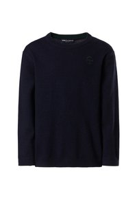 Suéter de punto azul marino con cuello redondo y mangas largas. Presenta un pequeño logotipo bordado en verde en el pecho. Textura suave.