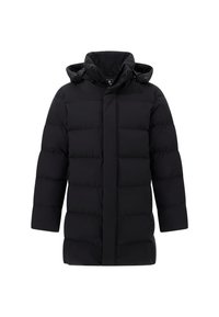 Must värvi pikem tikkpudru jope kõrge kraega, esi tõmblukk ja nööbid, eemaldatava kapuutsiga.