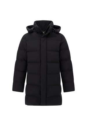 Mustat pitkät tikatut puffatakkia korkean kauluksen, edessä vetoketjun ja nappisuljin sekä irrotettava huppu.