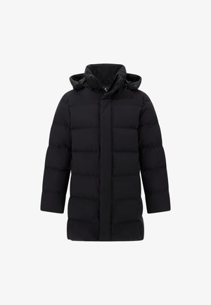 Mustat pitkät tikatut puffatakkia korkean kauluksen, edessä vetoketjun ja nappisuljin sekä irrotettava huppu.