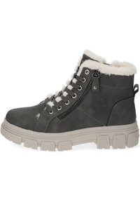 Botte d'hiver montante gris foncé avec doublure en fausse fourrure blanche, fermeture éclair latérale, semelle épaisse beige et logo rond sur la cheville.