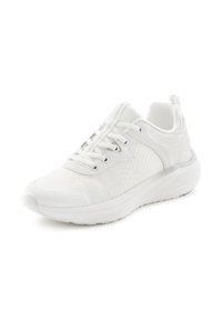 White athletic shoe with mesh upper, rounded toe, and rubber outsole. Features laces, padded collar, and subtle textured pattern on sides.