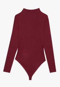 Bodysuit w kolorze burgundowym z długim rękawem i wysokim dekoltem, o dopasowanym fasonie i z zapięciem na zatrzaski w kroku, wyeksponowany na białym tle.