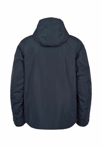 Mørkeblå vandtæt jakke med hætte, der har en glat tekstur, elastiske manchetter og en let løs pasform. Ren, minimalistisk design.