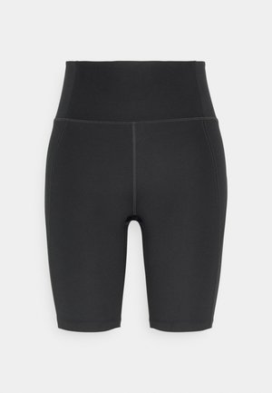Sorte cykelshorts fremstillet af strækbart stof, med høj talje og flade sømme, der har en glat tekstur og ingen synlige mønstre.