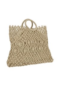 Beige geweven draagtas met cirkel- en ruitpatronen, gemaakt van natuurlijke vezels met twee ronde handvatten. Lichtgewicht en met textuur.