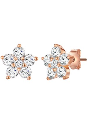 Roségoldstecker mit klaren, runden Edelsteinen, die zu einer sechspetalligen Blume angeordnet sind, gesichert mit Schmetterlingsverschlüssen.