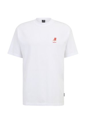 Weißes T-Shirt mit kurzen Ärmeln, mit kleinem rot gestreiftem Liegestuhl-Grafik und dem Schriftzug „home office“ auf der linken Brust.