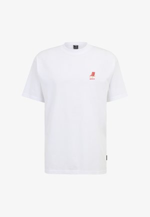 Weißes T-Shirt mit kurzen Ärmeln, mit kleinem rot gestreiftem Liegestuhl-Grafik und dem Schriftzug „home office“ auf der linken Brust.