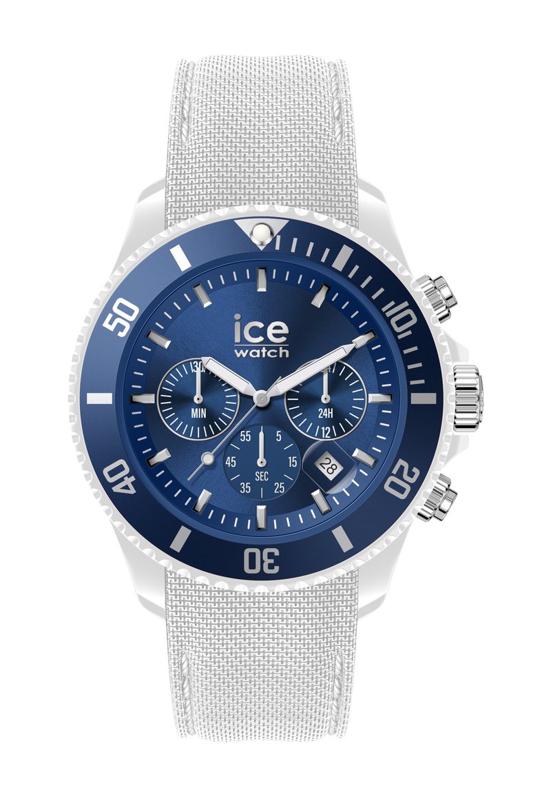 Orologio blu con dettagli argentati, cinturino in silicone bianco testurizzato, quadranti del cronografo, lancette luminescenti e display della data. Cassa contrassegnata con numeri.