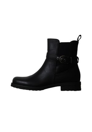 Bottine noire en cuir avec petit talon, bout rond, languette à l'arrière et sangle décorative avec boucle sur le côté.